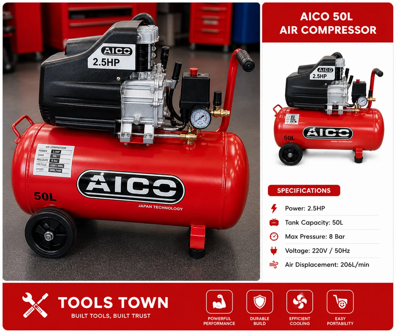AICO 50L Direct Driven Air Compressor 2.5HP